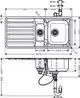 Hansgrohe Einbauspüle mit zwei Becken, einer Abtropffläche und verschiedenen Anschlüssen. Technische Maße sind im Diagramm erkennbar.